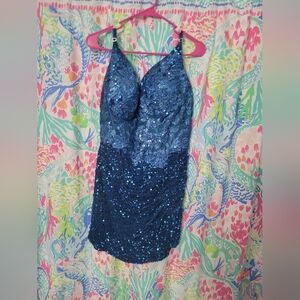 Elegant Blue Sequin Prom Dress